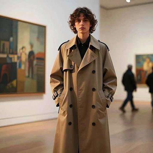 Non-Binary Model in Oversized Trench Coat in Art Museum