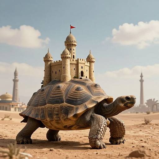 Photorealistic CGI of a large tortoise carrying a miniature Middle Eastern castle with a red flag, set in a desert with distant domes and min