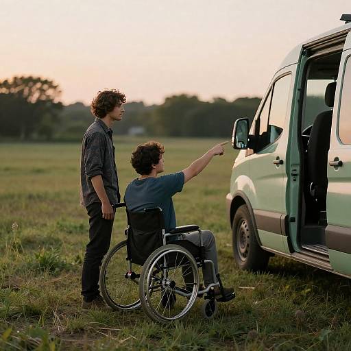 Two Men Near Green Van in Grass Field at Sunset