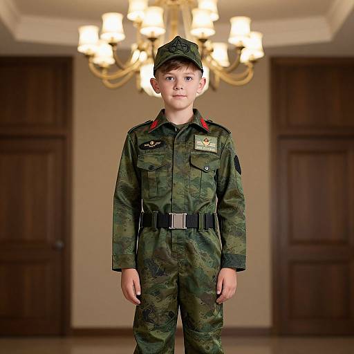 Photograph of a young boy in a military-style camouflage uniform with a black cap, standing in an elegant, chandelier-lit room.