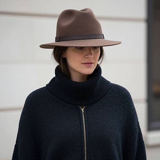 Photograph of a woman with fair skin, brown hair, and brown fedora, wearing a black knitted turtleneck with a gold zipper.