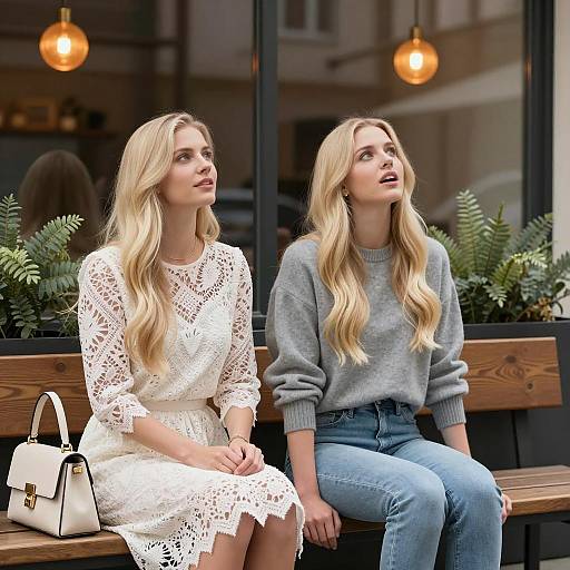 Two Blonde Women Sitting on Bench Outside Glass Building