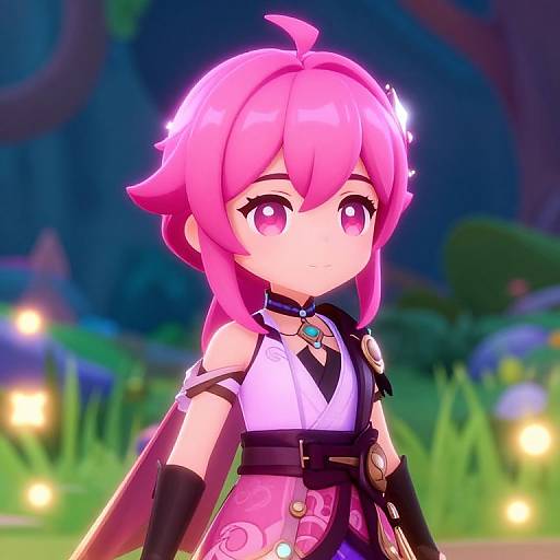 Digital anime-style image of a cute, pink-haired child with large purple eyes, wearing a white and pink outfit with black gloves, set against a blurred