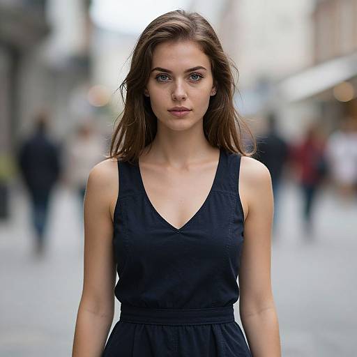 Photograph of a young woman with long brown hair, wearing a black sleeveless V-neck dress, standing in a blurred urban street.