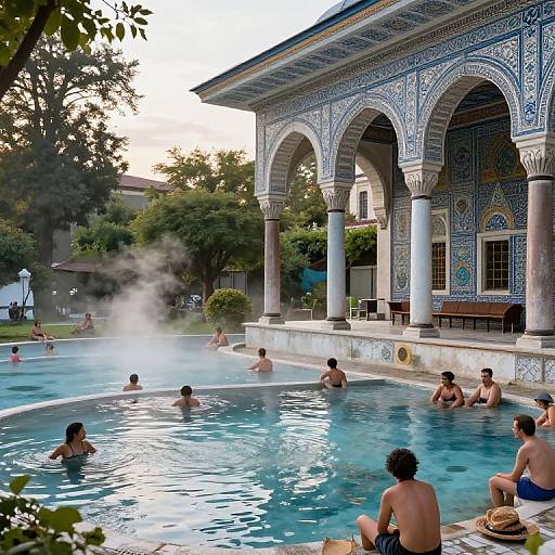 Photograph of a tiled, arched pool pavilion with steam rising from a large, circular blue pool, surrounded by men bathing.