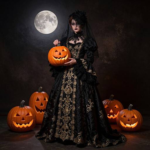 Gothic woman in black lace dress with intricate gold patterns, holding carved pumpkin, surrounded by glowing jack-o'-lanterns, under full moon