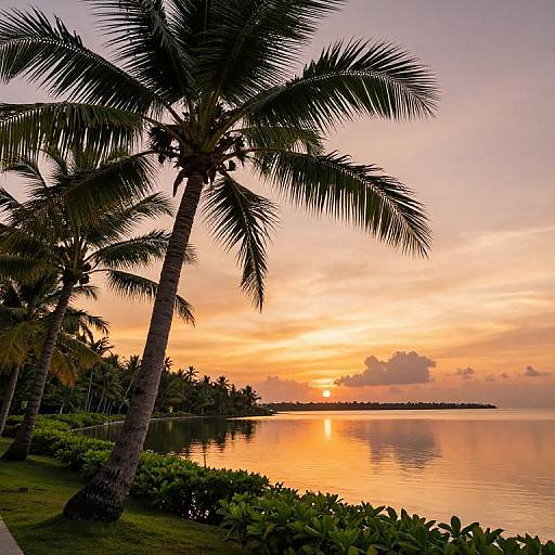 Sunset Over Tropical Lagoon With Palms