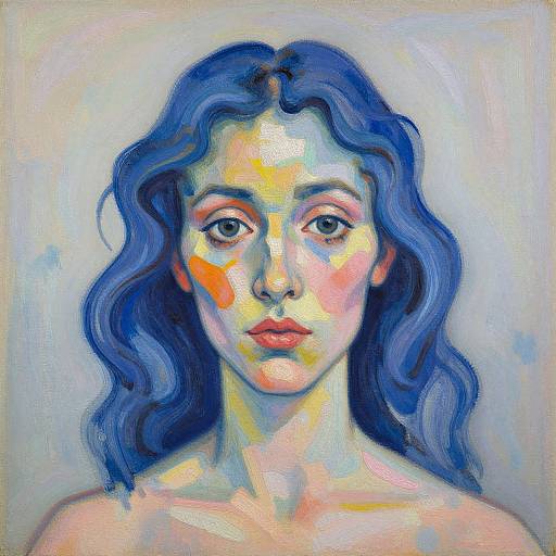 Vibrant, expressionless portrait of a woman with blue wavy hair, painted in abstract, colorful strokes on a light background.