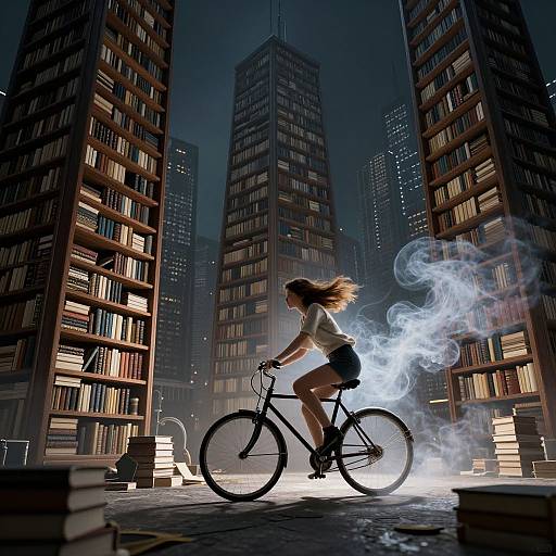 Digital art: Silhouetted girl with long hair riding a bicycle, surrounded by towering book-filled skyscrapers, emitting blue smoke, nighttime urban