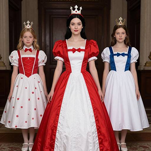 Photograph of three young girls in fairy tale-style dresses, wearing crowns; central girl in red and white, flanked by girls in white with