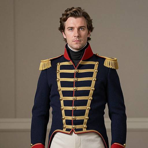 Photograph of a white man with wavy brown hair in a black military uniform with gold epaulettes and red trim, standing against a plain