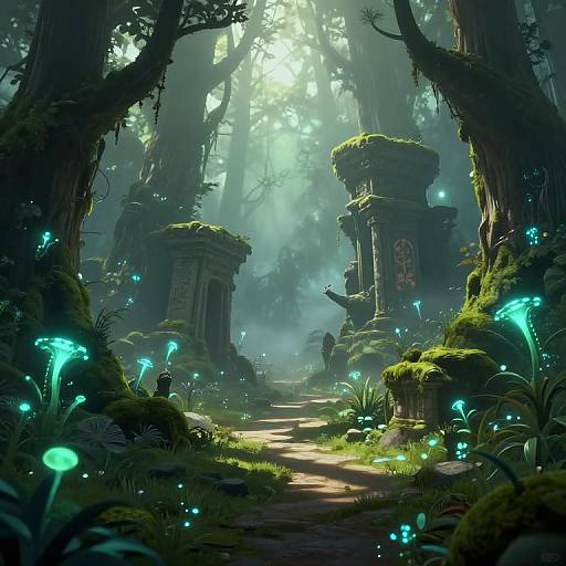 Mystical Forest with Glowing Bioluminescent Plants and Ancient Ruins