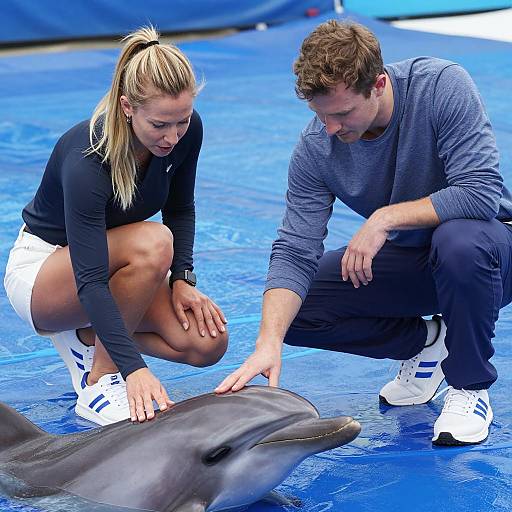 Crouching Duo Interacting with Dolphin
