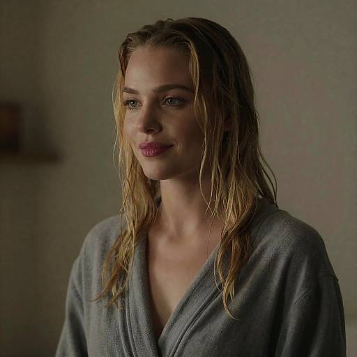 Woman with Wet Blonde Hair in Gray Robe