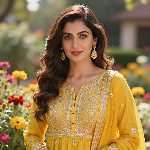 Woman in Yellow Embroidered Top in Flower Garden