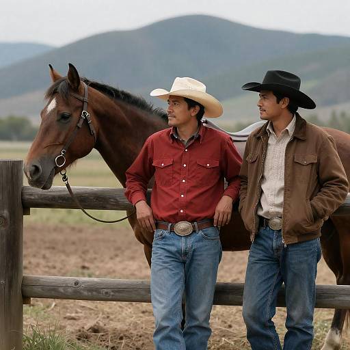 Relaxed Men and Horse by Fence