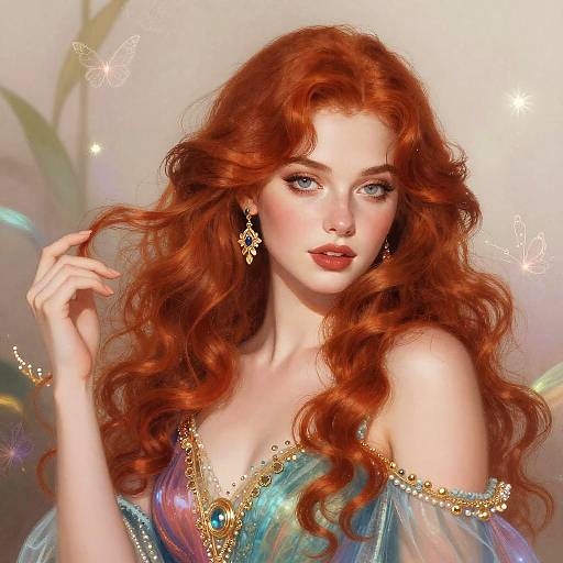 Digital art of a fair-skinned, red-haired woman with wavy locks, wearing a shimmering, off-shoulder dress with gold and blue