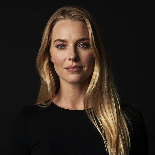 Photograph of a blonde woman with fair skin, blue eyes, and long straight hair, wearing a black top, against a dark background.