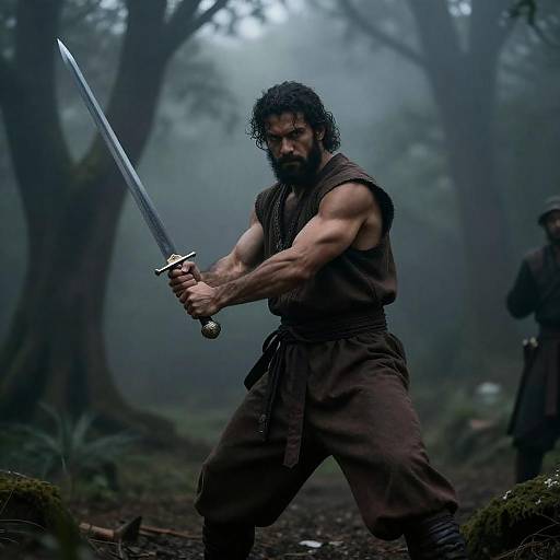 Mysterious Warrior in Foggy Forest
