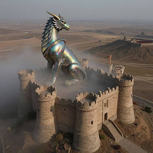 Photograph of a shimmering, metallic dragon perched on a medieval stone castle, surrounded by mist, with expansive, arid landscape in background.