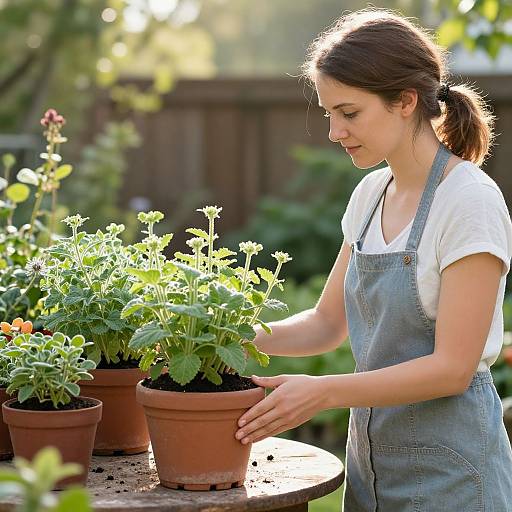 Woman Tending Herbs in Sunlit Garden