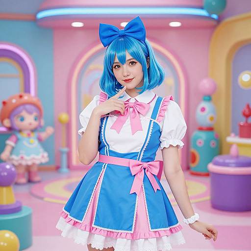 CGI image of a cute anime-style girl with blue bob hair, blue dress, pink bow, and white blouse, in a colorful, whimsical