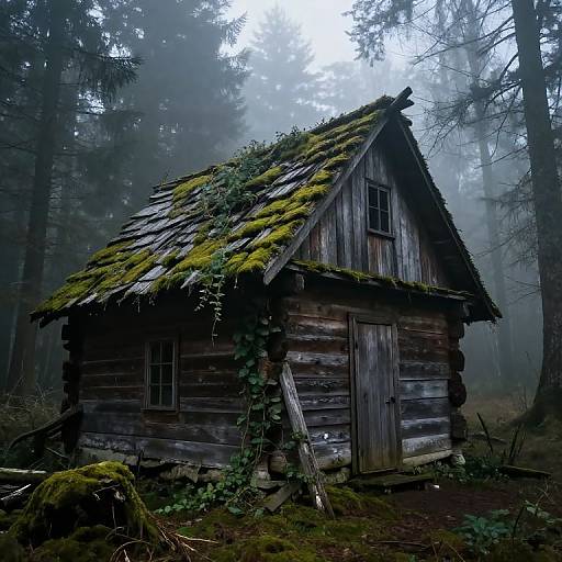 Eerie Lopsided Ancient Cabin in Fog