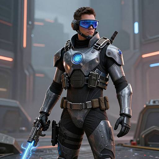Photorealistic CGI of a muscular man in futuristic black and silver armor with blue visor, holding a glowing blue sword, standing in a foggy