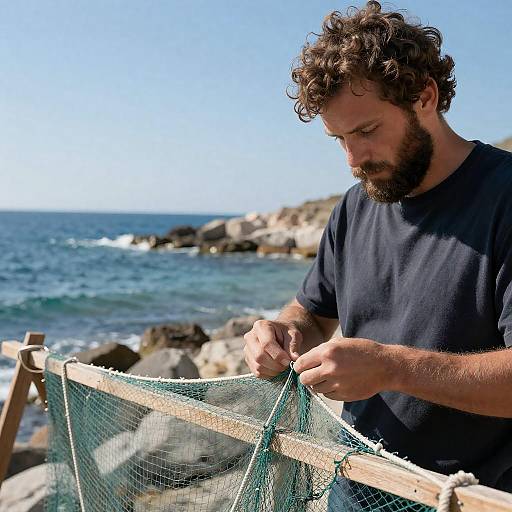 Focused Fisherman Tying Nets by Sea