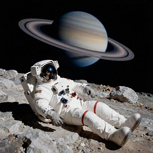 Astronaut on Jagged Rocks Under Ringed Planet