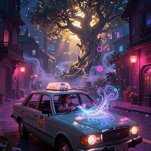 Photorealistic CGI of a neon-lit, purple and blue street scene with a glowing taxi emitting blue light, in front of a large, illuminated