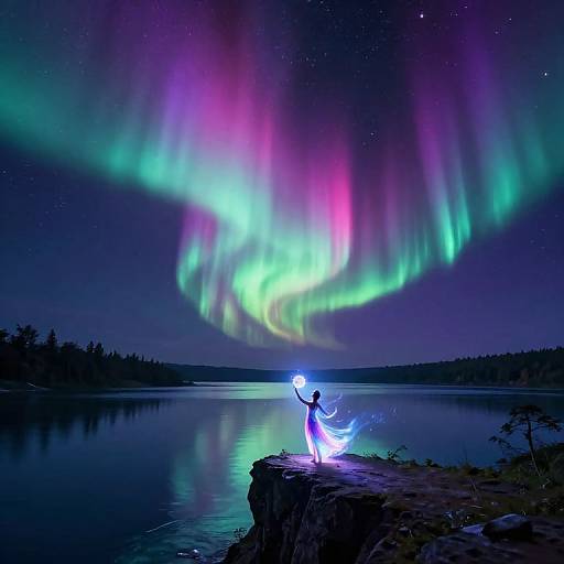 Photograph of a person silhouetted on a rocky shore, holding a glowing orb, under vibrant Northern Lights reflecting on a calm lake.