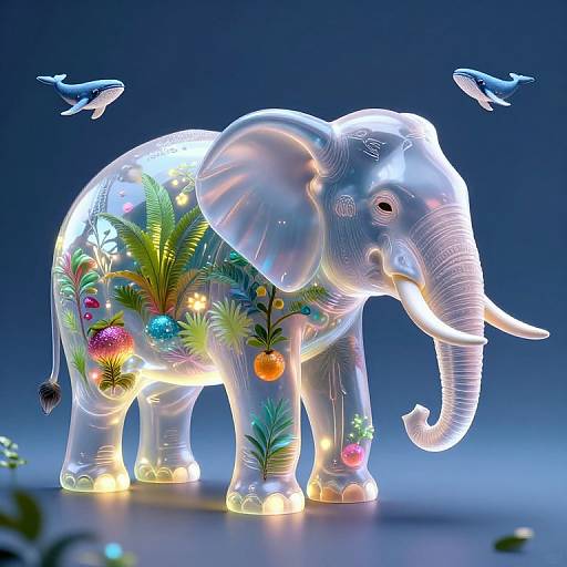 Glowing, translucent elephant sculpture adorned with colorful tropical flowers, surrounded by flying blue birds, against a dark blue gradient background. Digital CGI art.