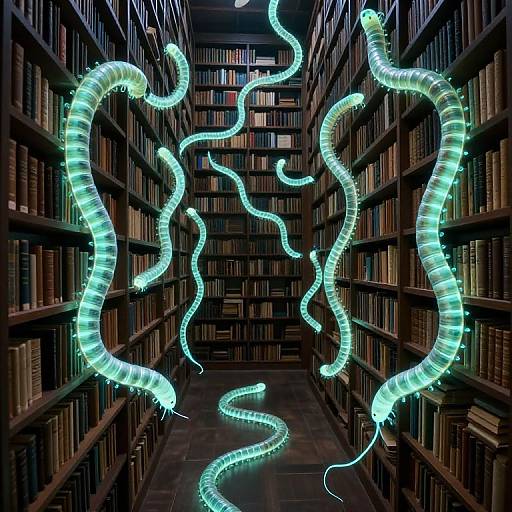 Photograph of a dimly lit library aisle with glowing, neon blue, serpentine lights coiled around bookshelves, creating an ethereal