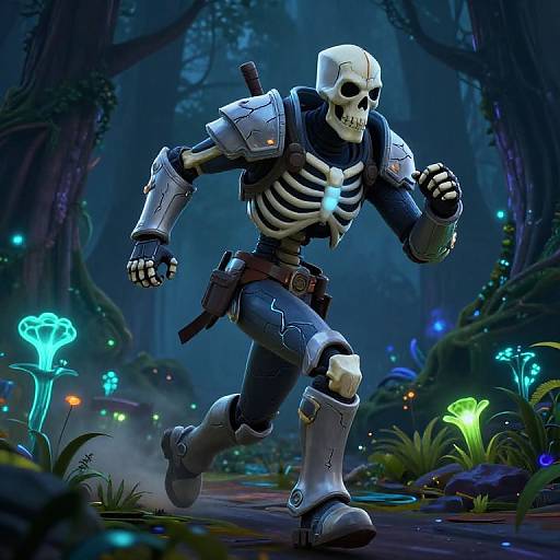 Digital artwork of a skeletal warrior in futuristic armor running through a glowing, enchanted forest with bioluminescent mushrooms and plants.