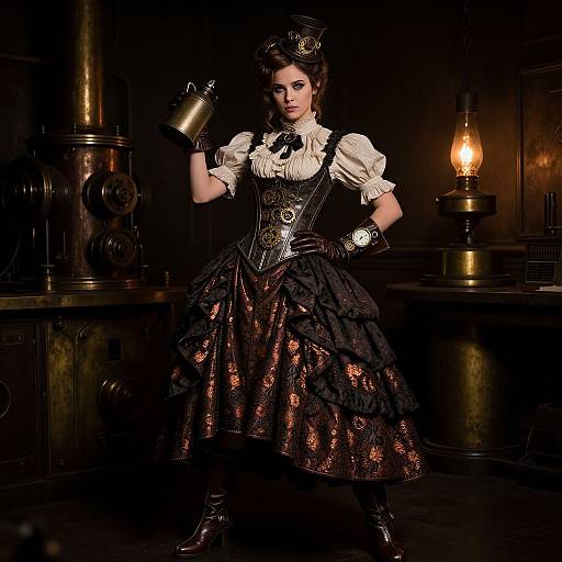 Photograph of a Victorian-era woman in a black, ornate, corseted dress, holding a brass kettle, standing in a dimly lit