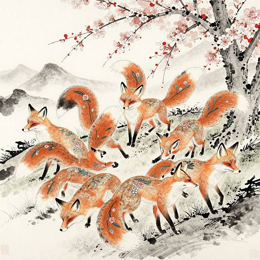 Digital painting of six vibrant red foxes with fluffy tails and black markings, surrounded by abstract black and red splatters on a white background.