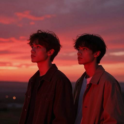 Surreal Red Sunset with Two Figures