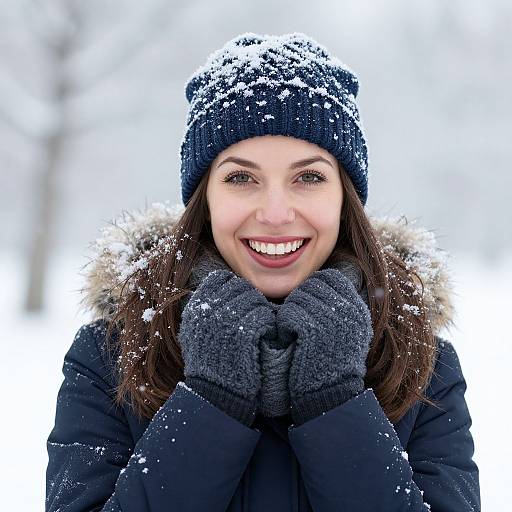 Photograph of a smiling woman with fair skin, brown eyes, and long brown hair, wearing a black beanie, fur-trimmed coat,