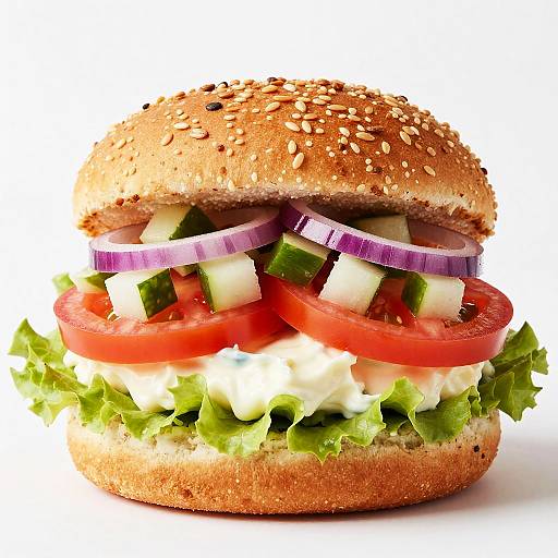 Photograph of a fresh, colorful veggie burger with sesame seed bun, layers of lettuce, tomato, cheese, cucumber, onions, and red onion