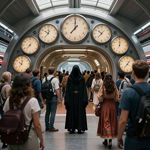 Photograph of a busy train station with a large, arched clock display showing multiple clocks behind a crowd of diverse travelers.