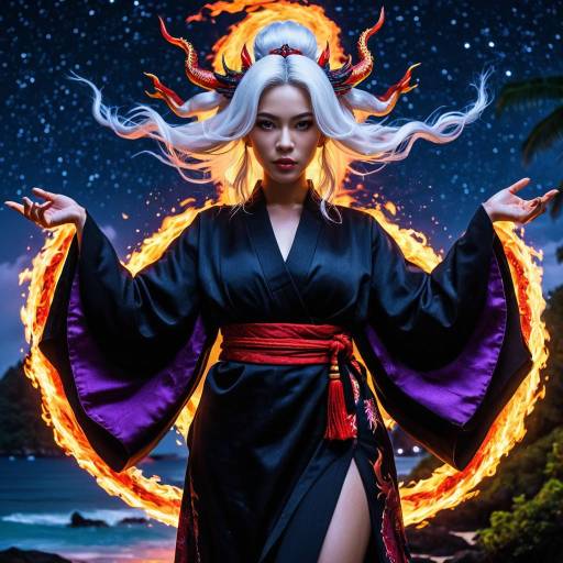 Asian Mystical Guardian in Black Kimono with Flaming Aura