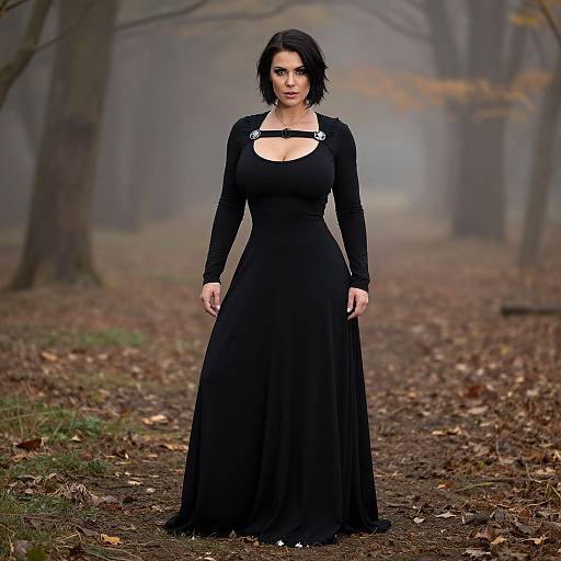 Photograph of a pale-skinned woman with dark, shoulder-length hair, wearing a black, long-sleeve, low-cut dress, standing in