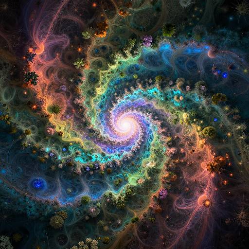 Digital art of a vibrant, swirling galaxy with bright blue, green, yellow, and red energy tendrils, surrounded by dark space and colorful star-like