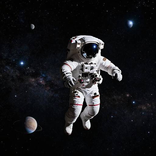 Photorealistic image of an astronaut in a white spacesuit with a reflective helmet floating in outer space, surrounded by stars, planets, and distant galaxies