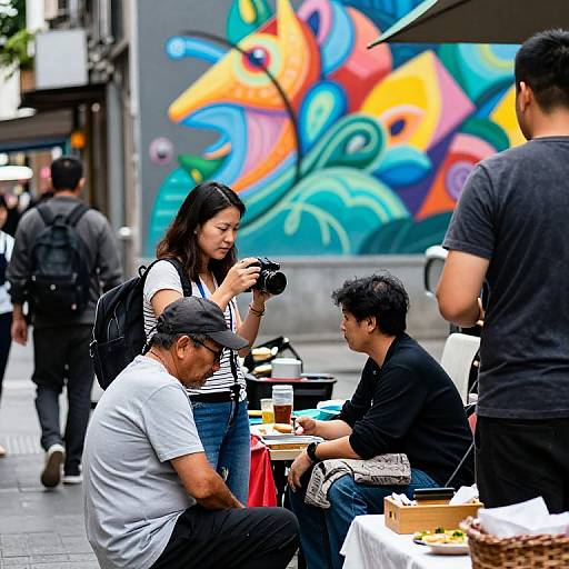 Photograph of a street scene with colorful graffiti, Asian men and woman, casual clothing, photography, outdoor café, urban background.