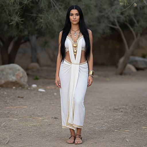 Photograph of an Indian woman with long black hair, wearing a white, gold-trimmed ancient Greek-style dress, standing in a rocky, olive