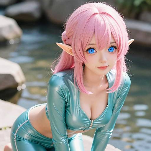 Vibrant Waterside Pink-Haired Elf Portrait