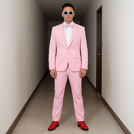 Photograph of a man in a pink suit, white shirt, red shoes, and white sunglasses standing in a dimly lit hallway.