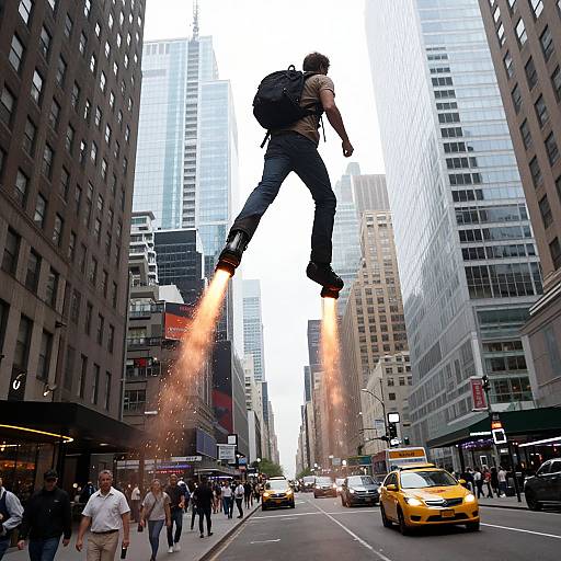 Photograph of a man in mid-air, wearing jeans and backpack, with flames from his shoes, jumping between tall skyscrapers in a busy city